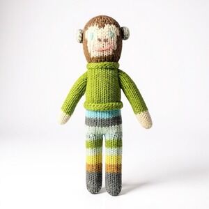 Blabla School Book Boy Monkey Plush Knit Rattle Toy 8" 100% Peruvian Cotton Knit